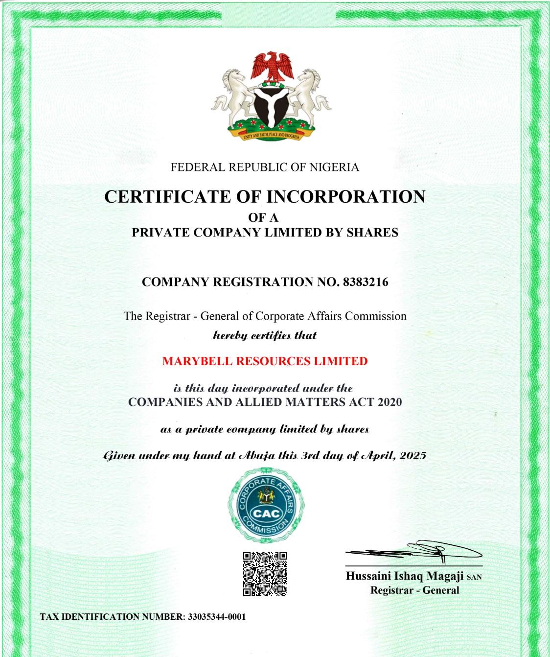 Marybell Resources Limited Certificate of Incorporation